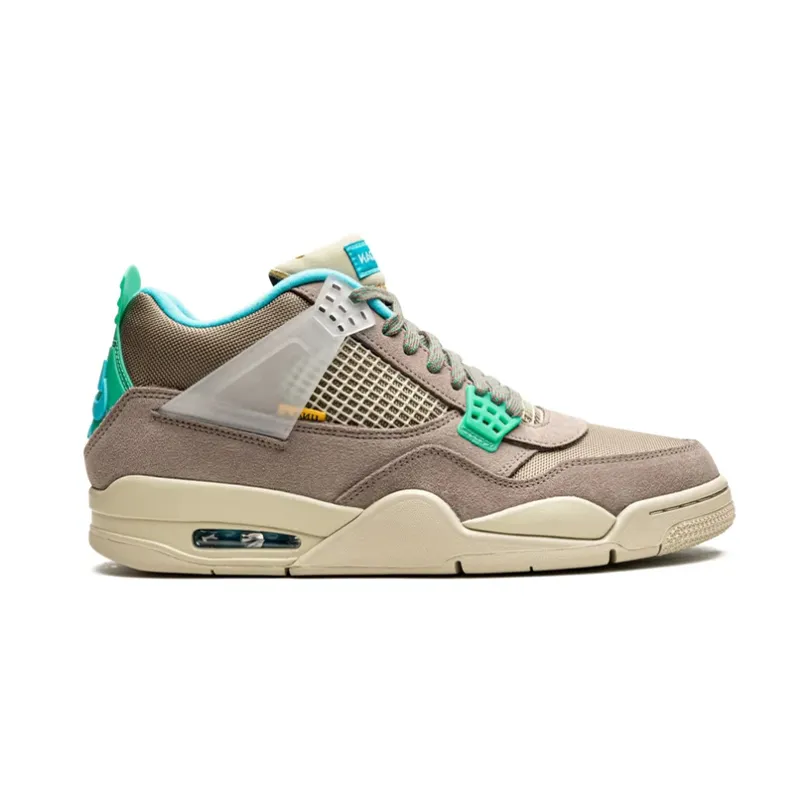 Jordan sneakers w odcieniach taupe z turkusowym językiem, widok z boku.