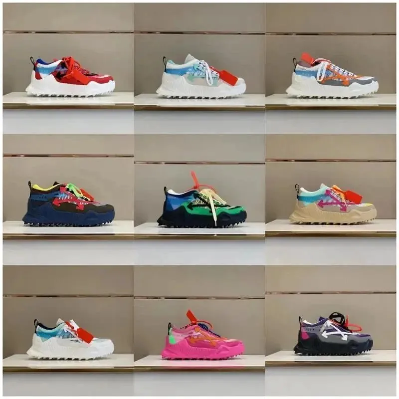 Off-White multicolor low-top platform sneakers shown in several side-view colorways.