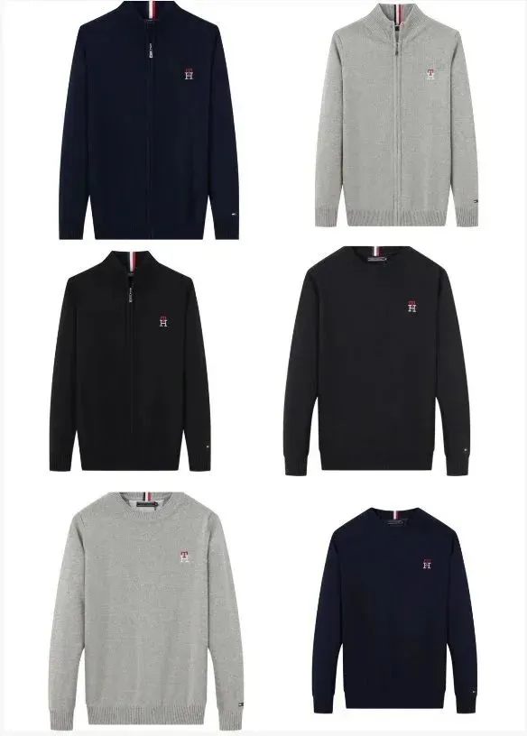 Tommy Hilfiger knit zip-up cardigan in black, gray, and navy with ribbed trim and chest embroidery.