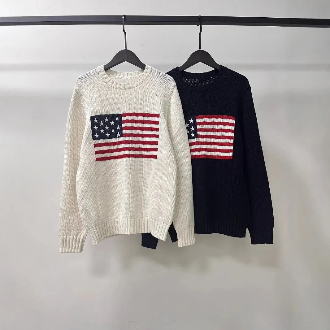 Polo Ralph Lauren white knit crewneck sweater with a large American flag graphic.