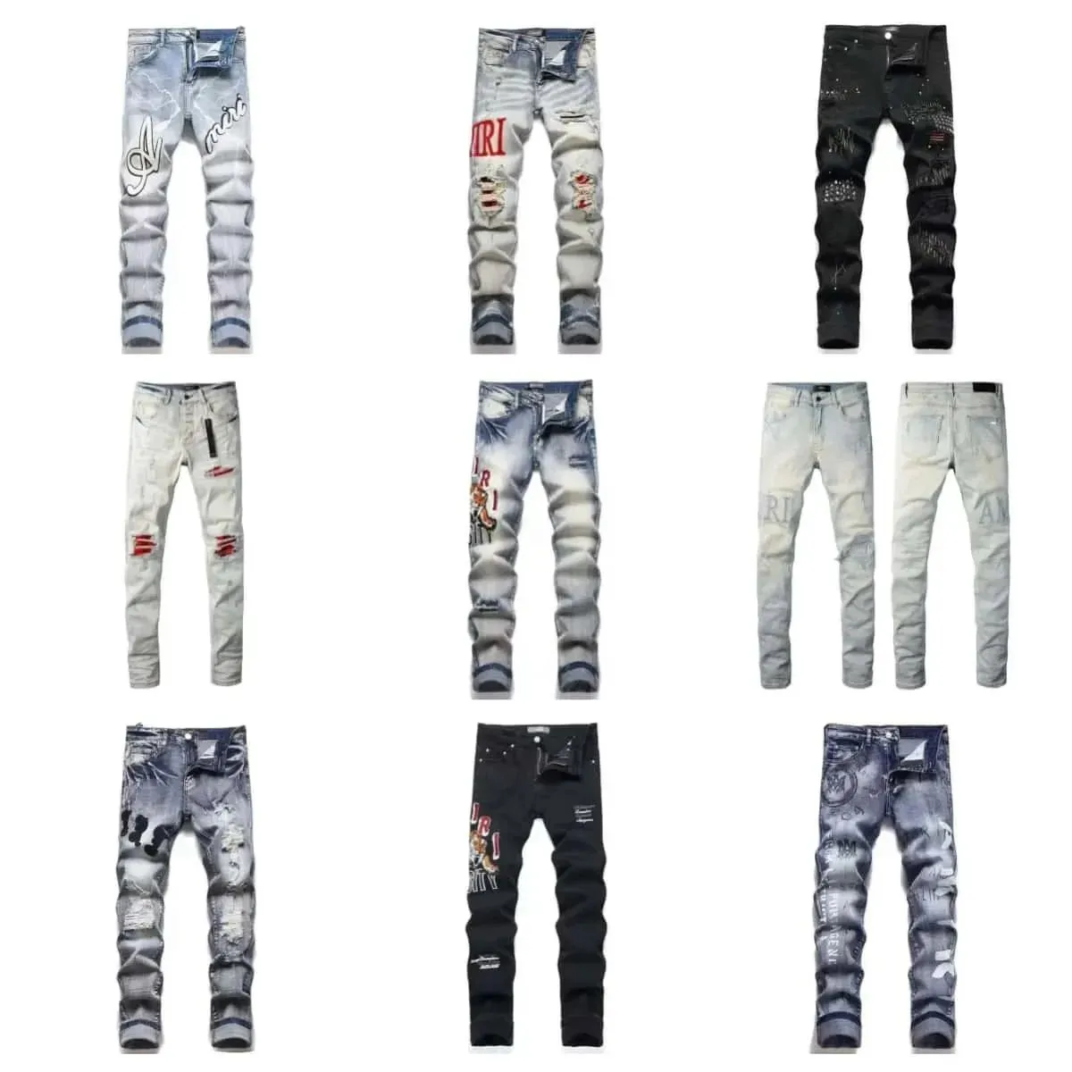 AMIRI distressed denim jeans in a slim straight-leg fit with bold graphic patches and faded washes.