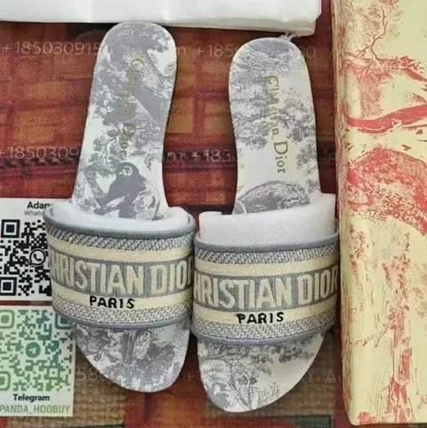 Dior Toile de Jouy Embroidered Logo Slide Sandals