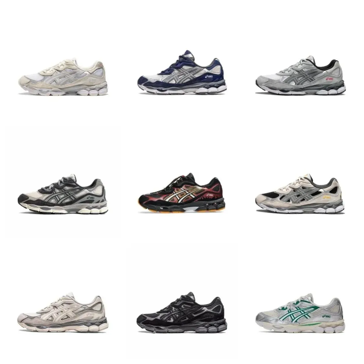 ASICS sneakers shown in nine colorways with a chunky cushioned runner silhouette.