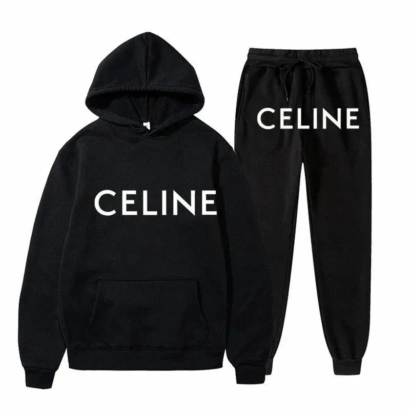 Celine czarny komplet dresowy z dużym białym logo CELINE na bluzie i spodniach.