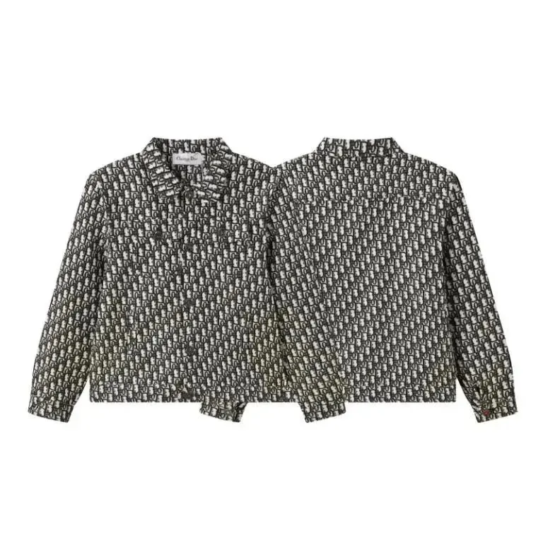 Dior long-sleeve button-up jacket with an allover black, white, and gray monogram-style print.